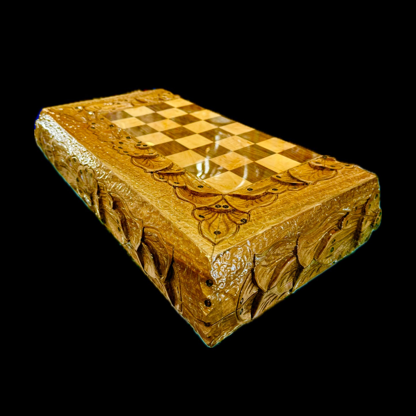 Handmade Walnut Wood Backgammon, Chess & Checkers