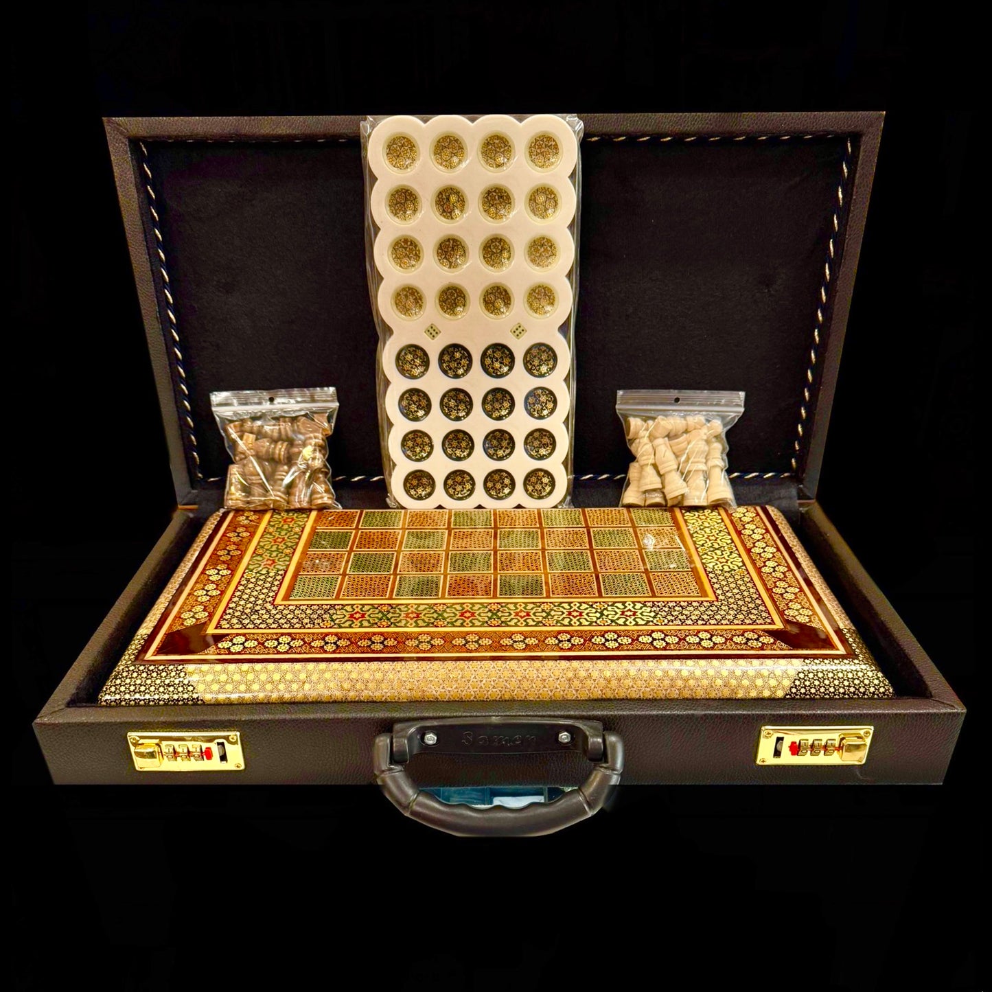 Handmade Inlaid Khatam Kari Backgammon, Chess & Checkers Board