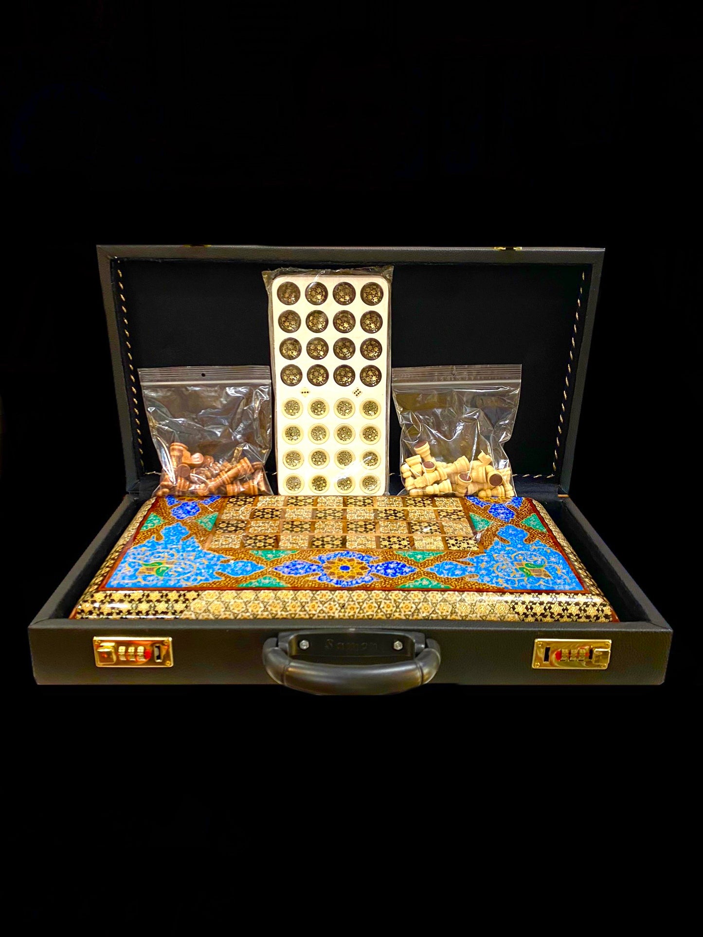 Handmade Inlaid Khatam Kari Backgammon, Chess & Checkers Board