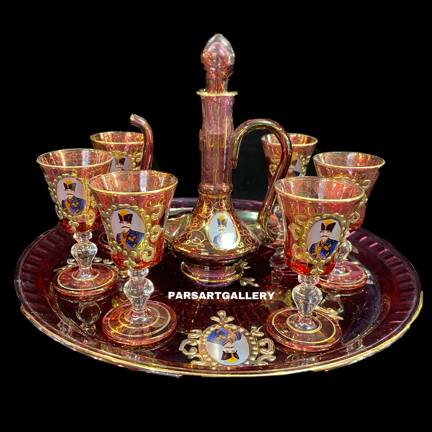 Set of Shah Abbasi Glasses, Tray & Bottle