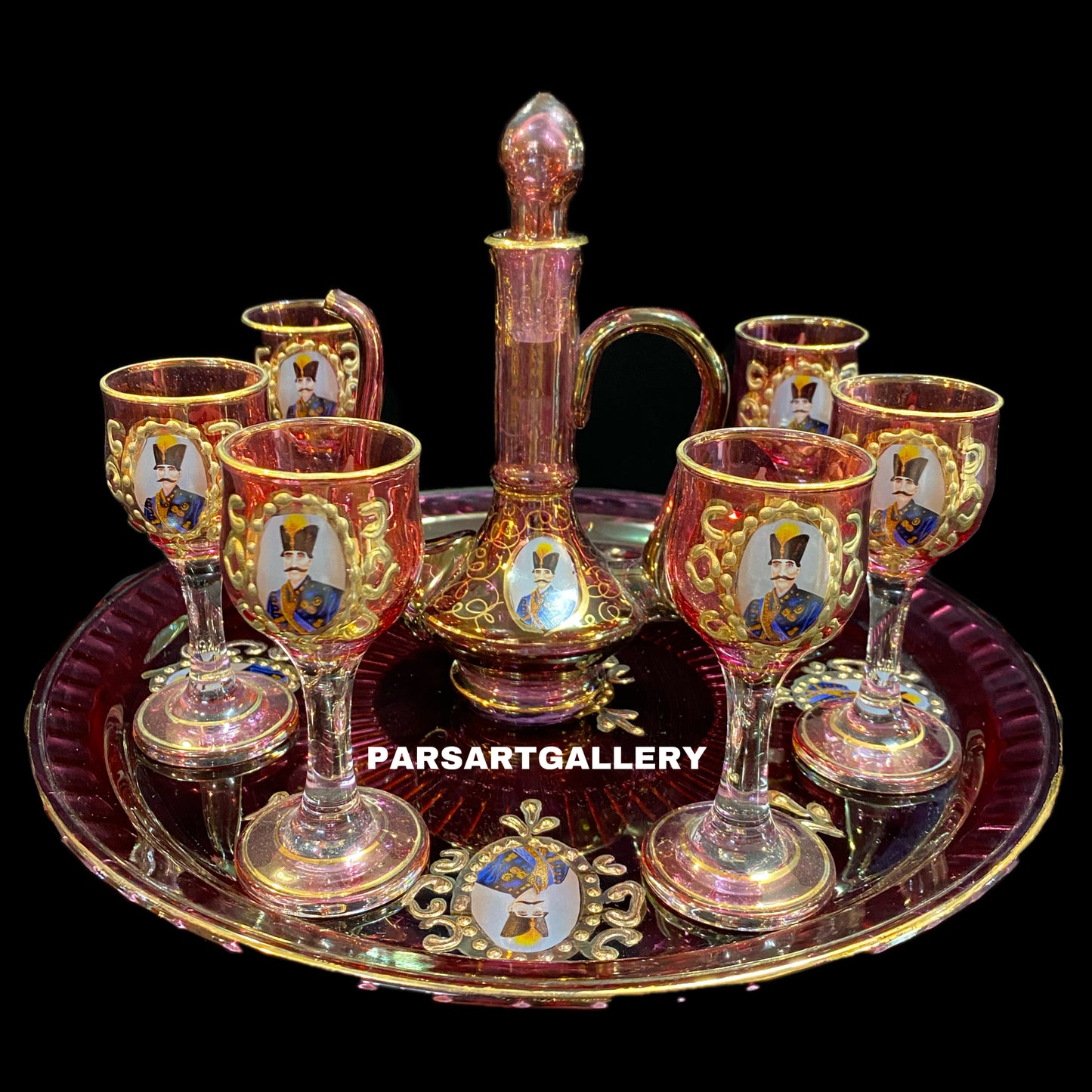 Set of Shah Abbasi Glasses, Tray & Bottle