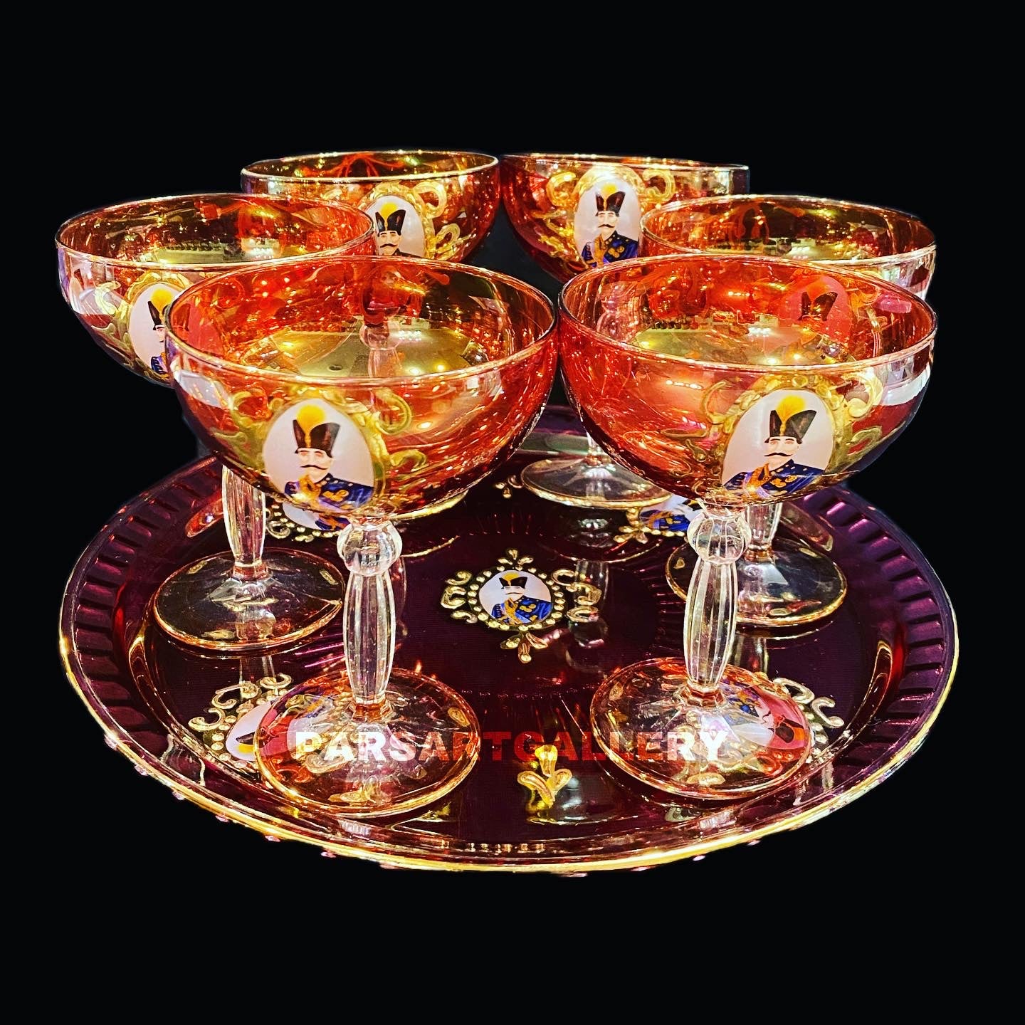 Set of Shah Abbasi Glasses, Tray & Bottle