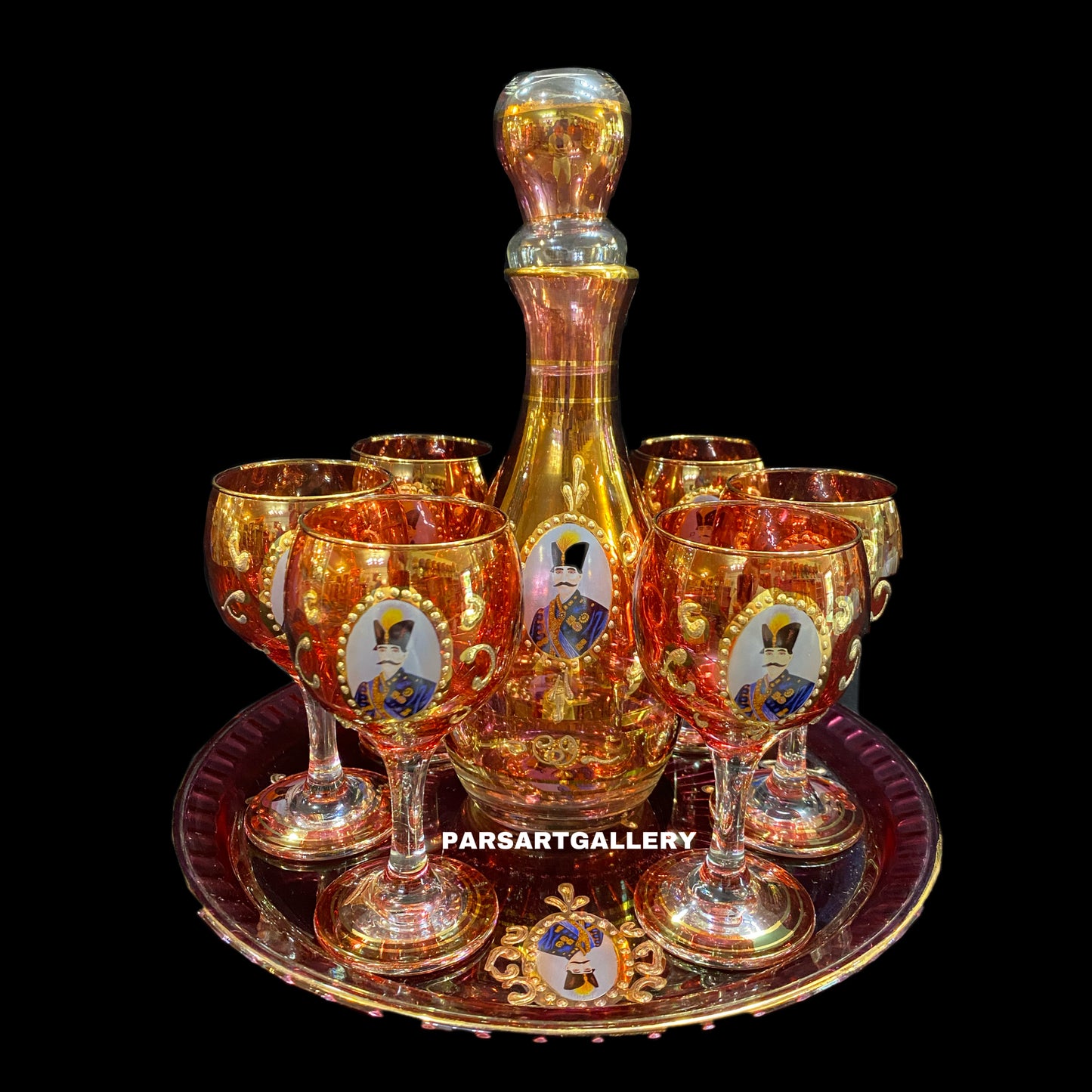 Set of Shah Abbasi Glasses, Tray & Bottle