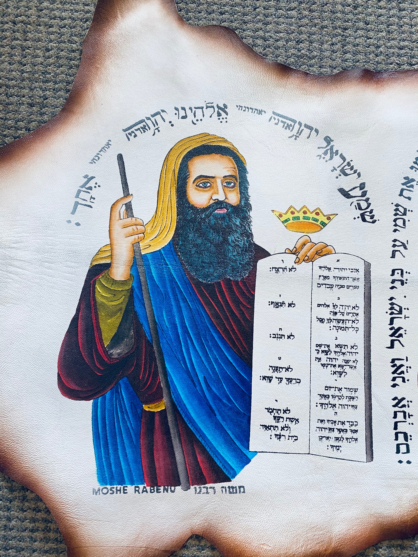 Handmade Inlaid & Hand Painted On Leather Ten Commandments