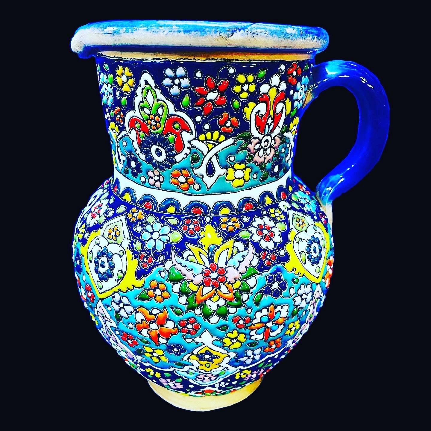 Hand Painted Enamel On Clay Mina Kari Pitchers