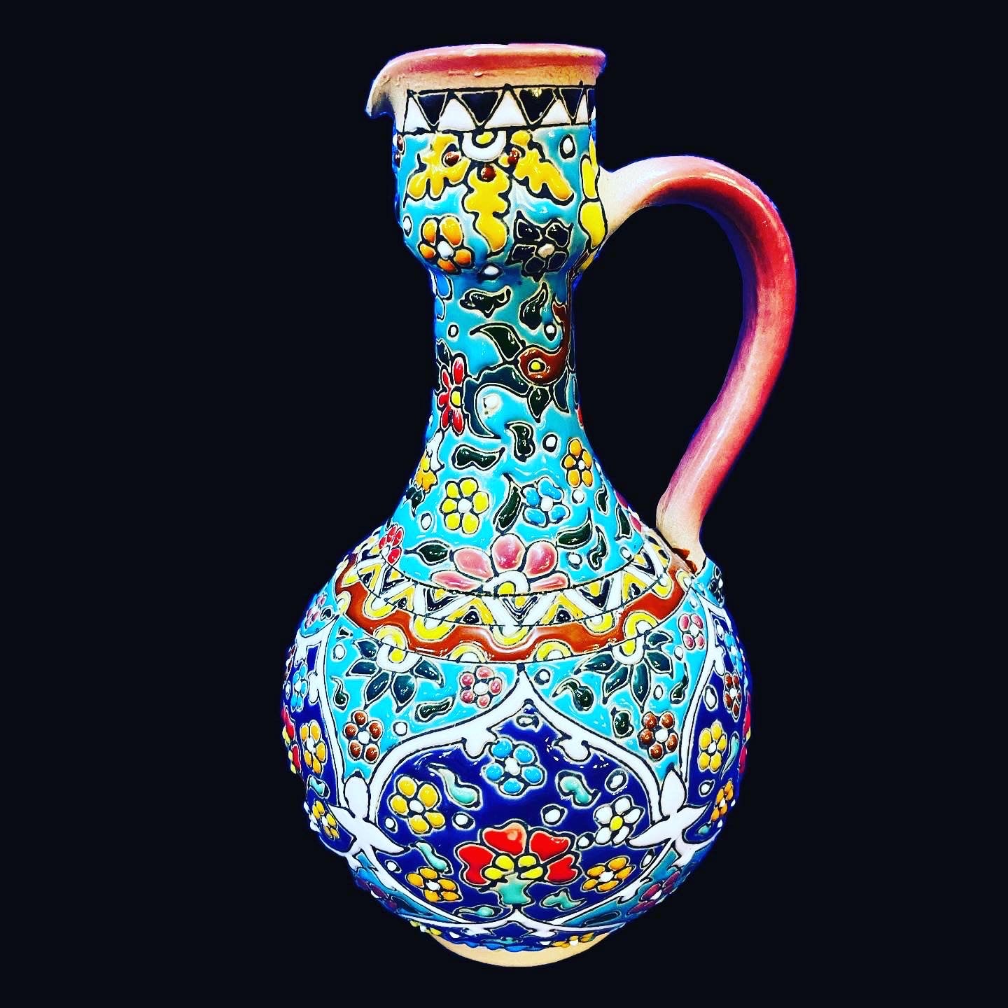 Hand Painted Enamel On Clay Mina Kari Pitchers