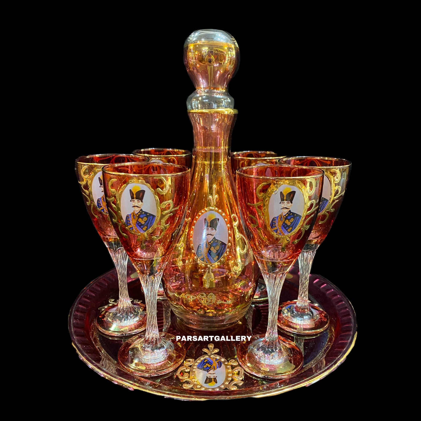 Set of Shah Abbasi Glasses, Tray & Bottle