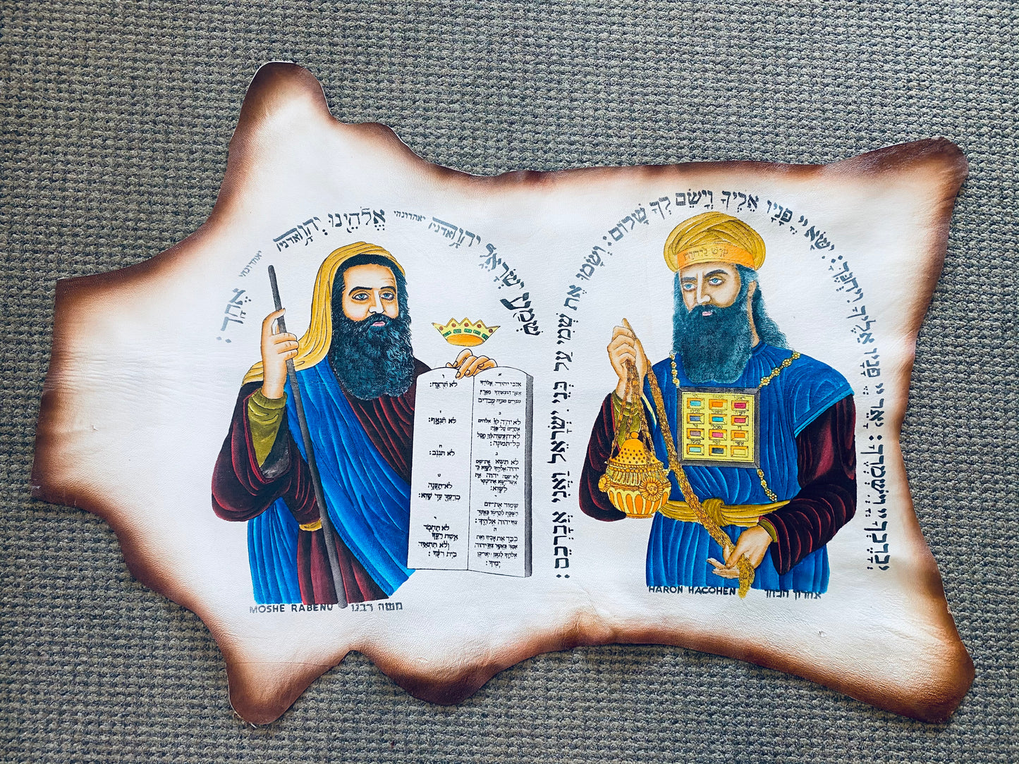 Handmade Inlaid & Hand Painted On Leather Ten Commandments