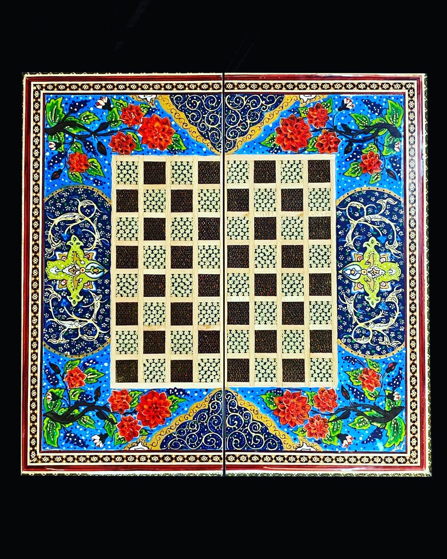 Handmade Inlaid Khatam Kari Backgammon, Chess & Checkers Board