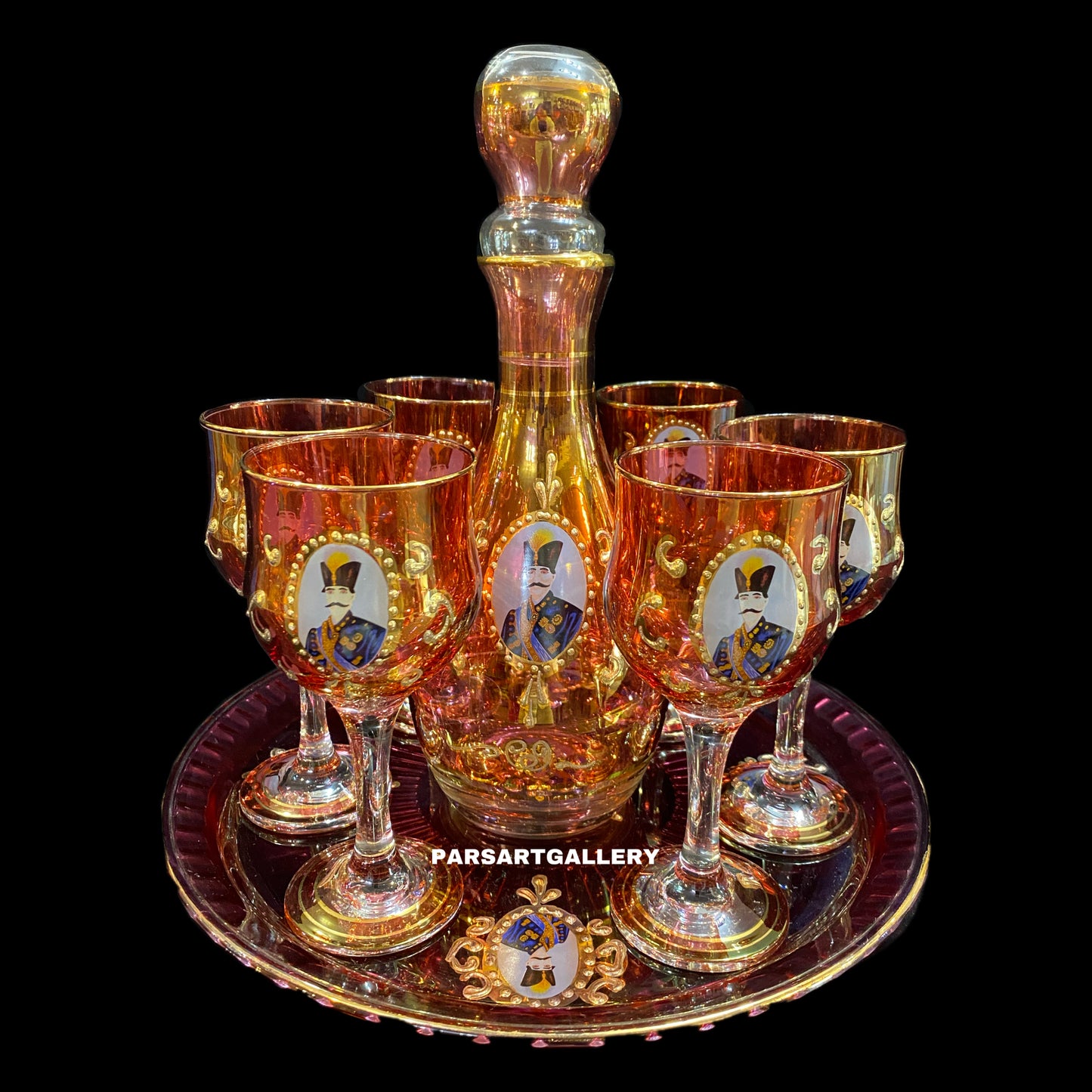 Set of Shah Abbasi Glasses, Tray & Bottle